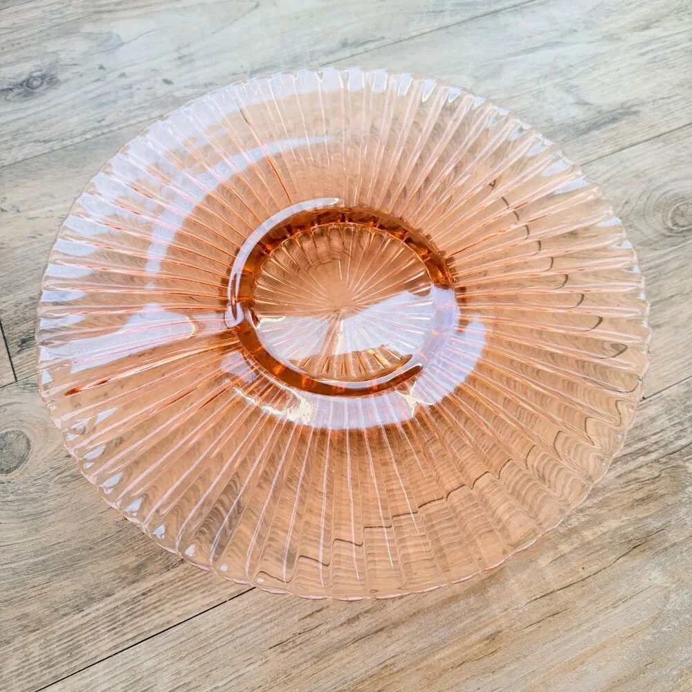Anchor Hocking Petticoat Pink Depression Glass Cake Plate Ribbed Bubble Foot 12
